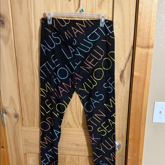 LuLaRoe Black Leggings with Multicolor Lettering - Picture 3 of 3